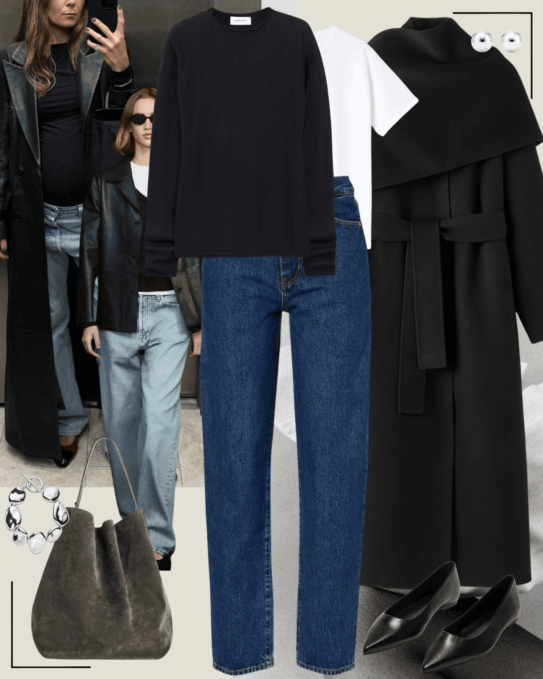Grey coat with white shirt, jeans and black heels