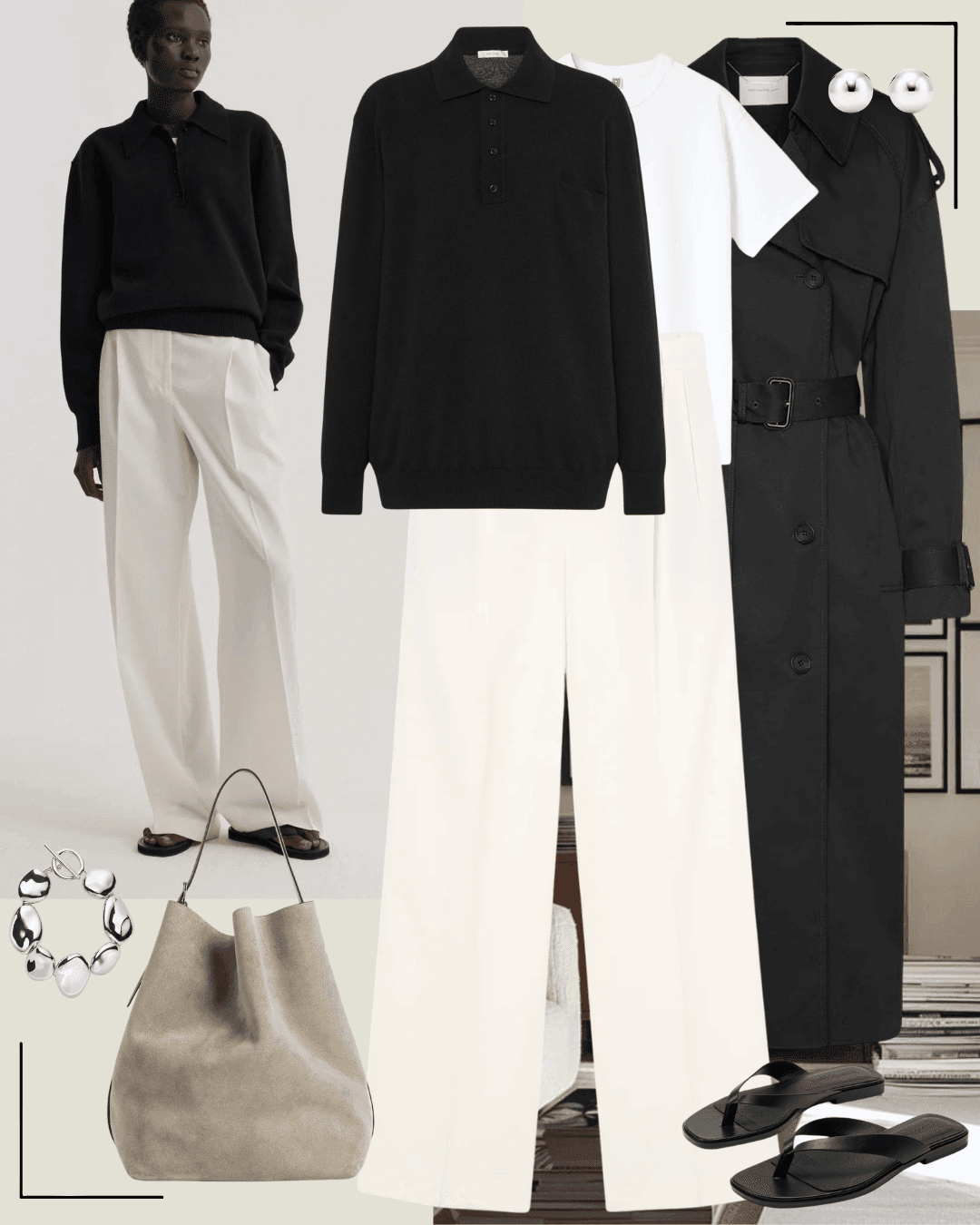 Black vest with black pants and heeled sandals