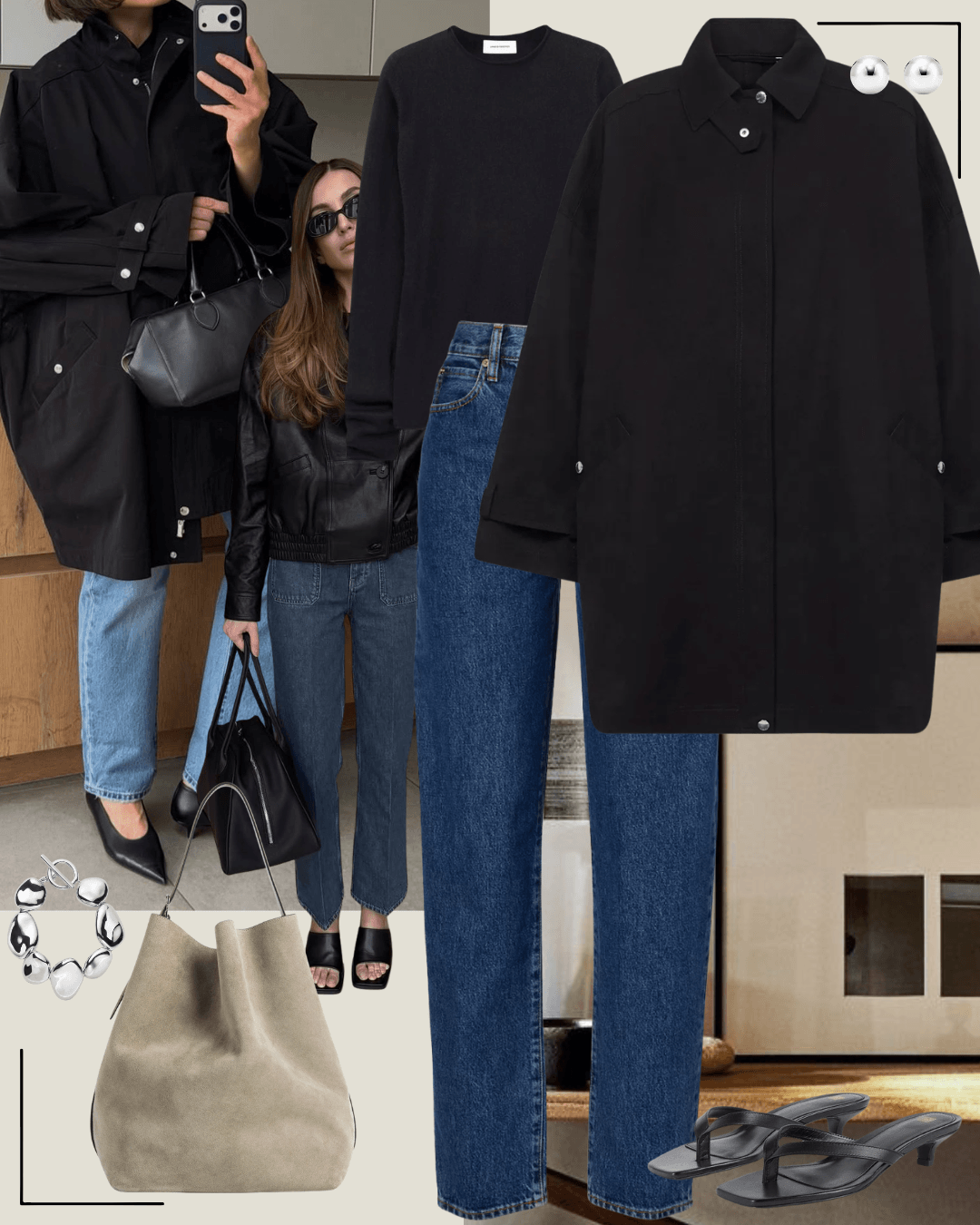 Black vest with black pants and heeled sandals