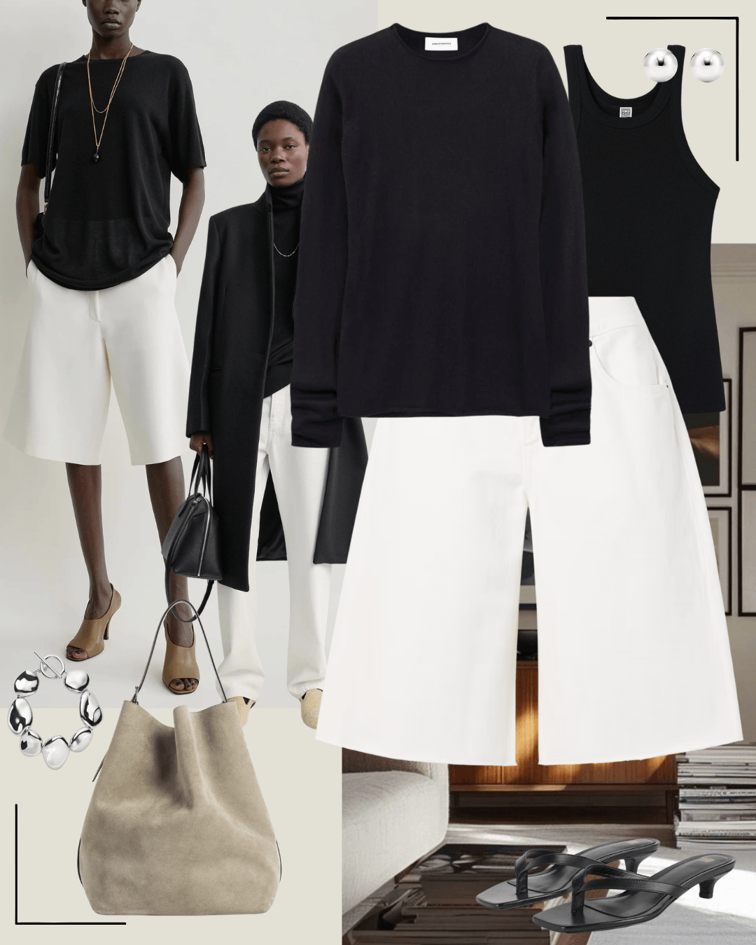Black vest with cream tailored pants and black heeled sandals
