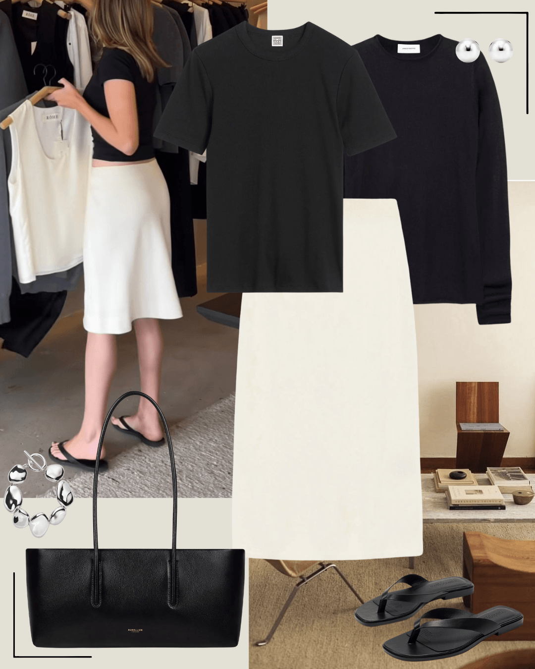 Black coat with black jumper, white jeans and black heels