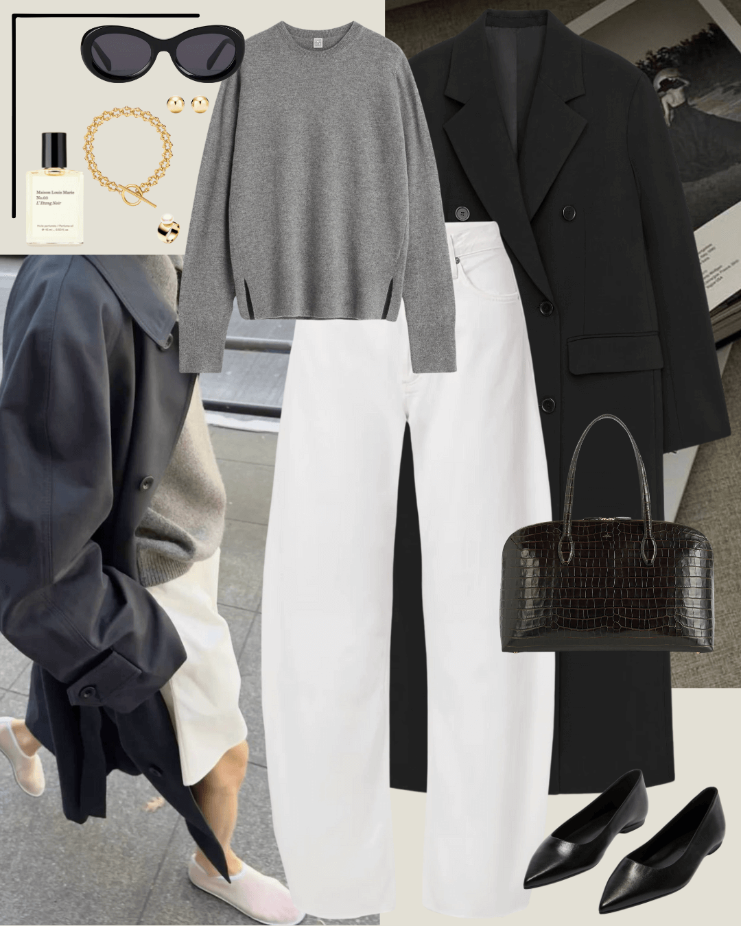Travel outfits black coat, grey jumper, and white jeans
