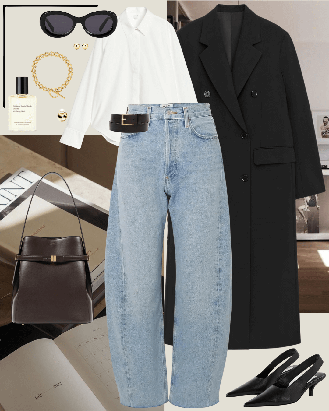 Travel outfits black coat, white shirt, jeans, black heels