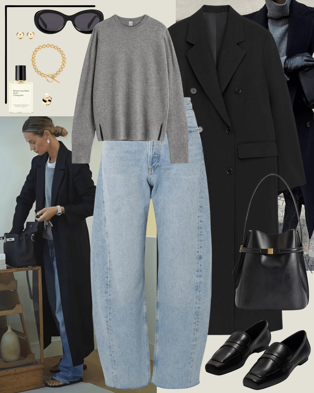 Travel outfits black coats, grey jumpers, jeans, black flats