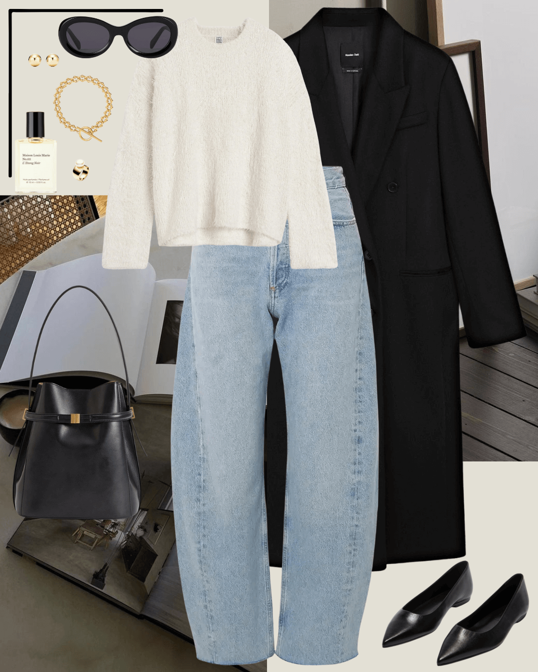 Travel outfits black coats, cream jumpers, jeans, black flats