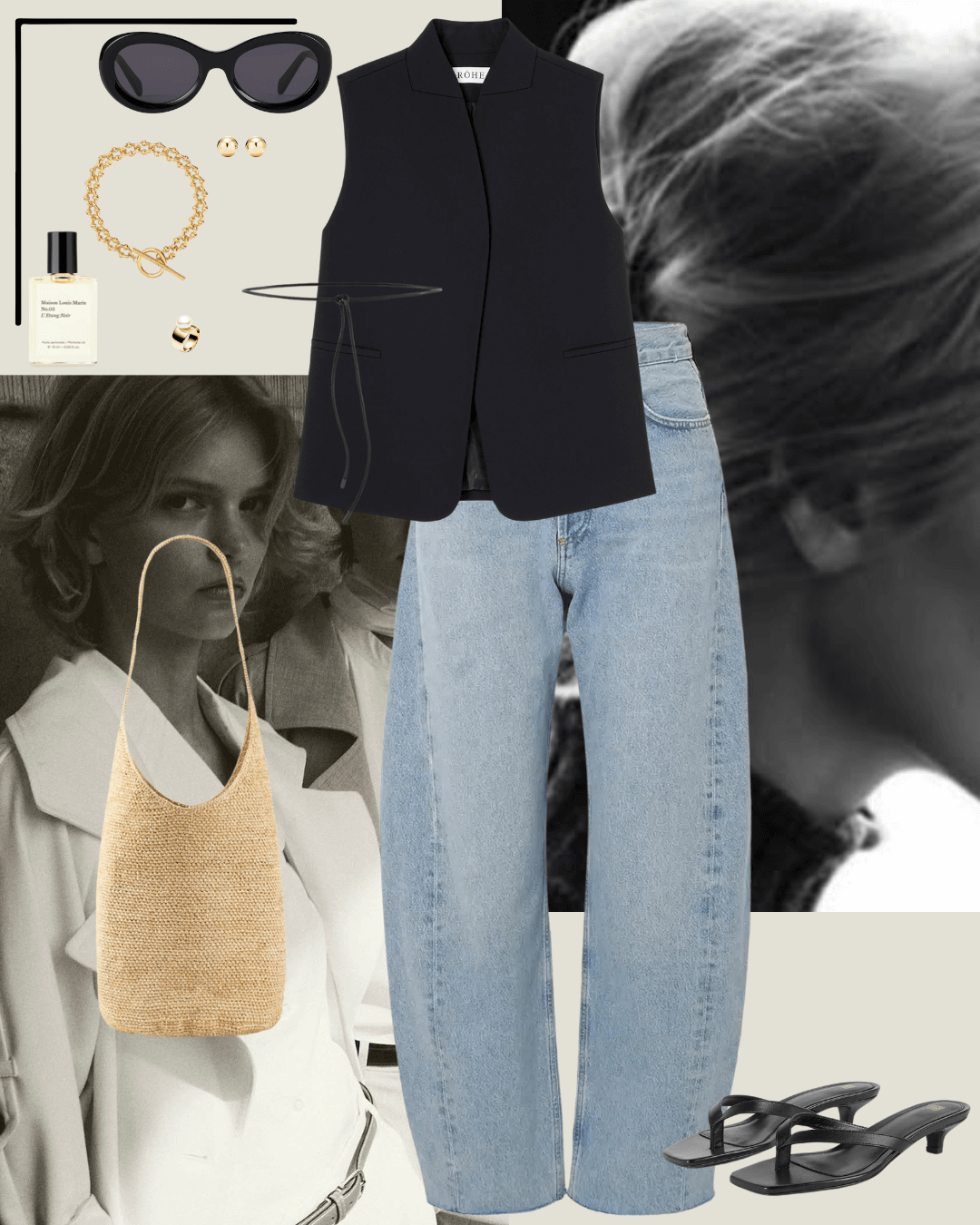 Travel outfits black vest, jeans, black heeled sandals