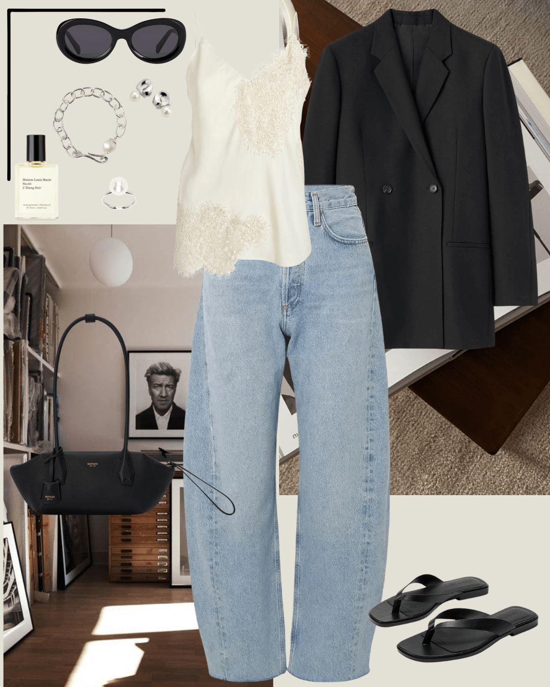 Travel outfits black blazer, cream silk lace camisole, jeans, black sandals