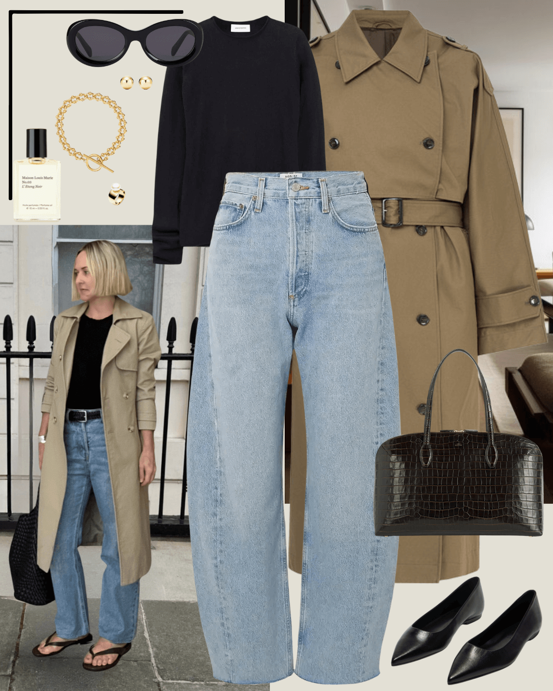 Travel outfits trench, black jumpers, jeans, black flats