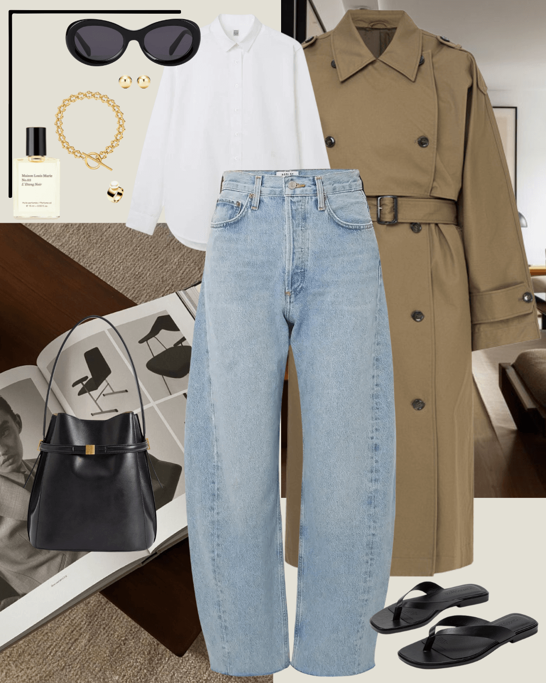 Travel outfits trench, white shirt, jeans, black sandals