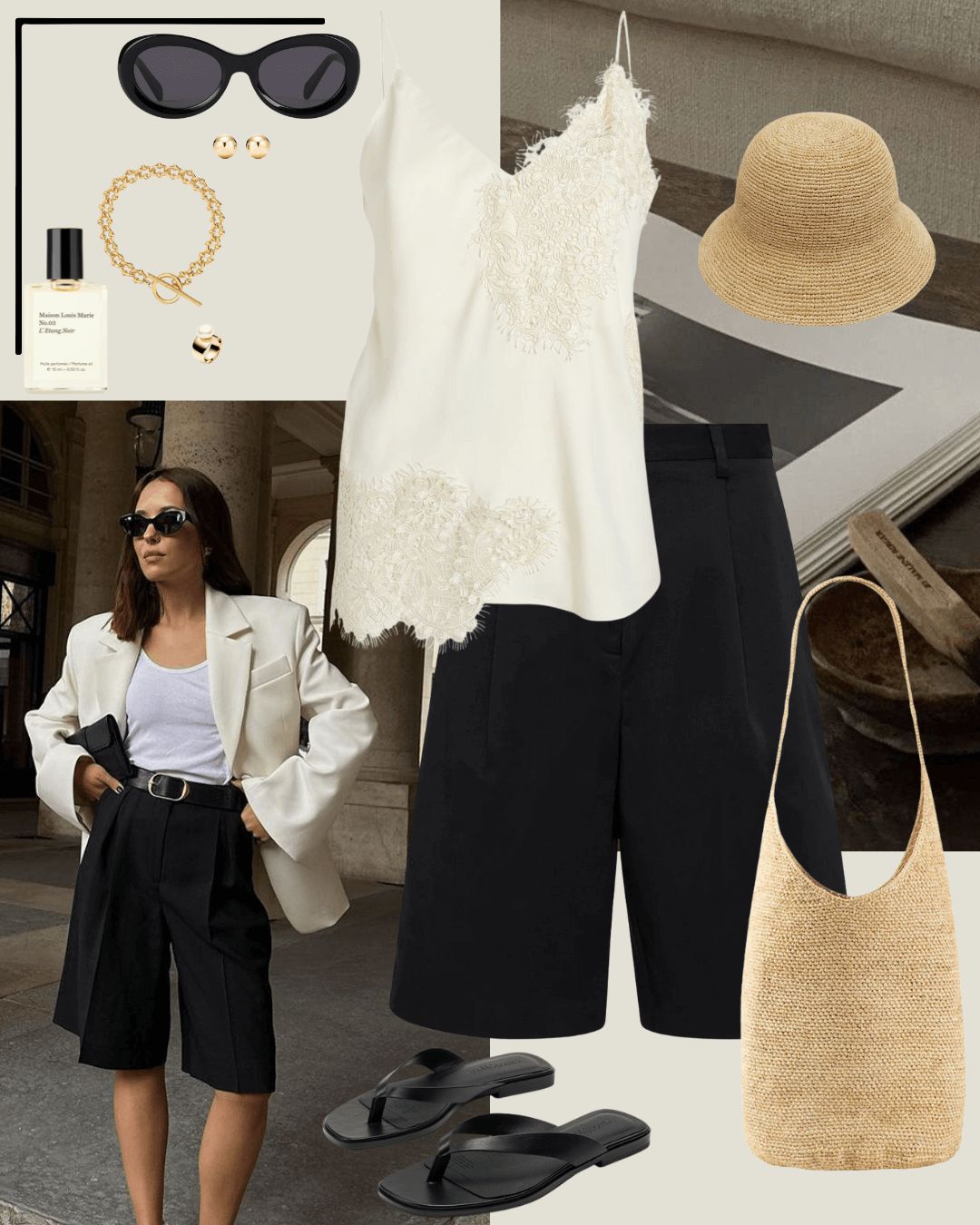 Travel outfits cream silk lace camilsole, black tailored shorts, black sandals