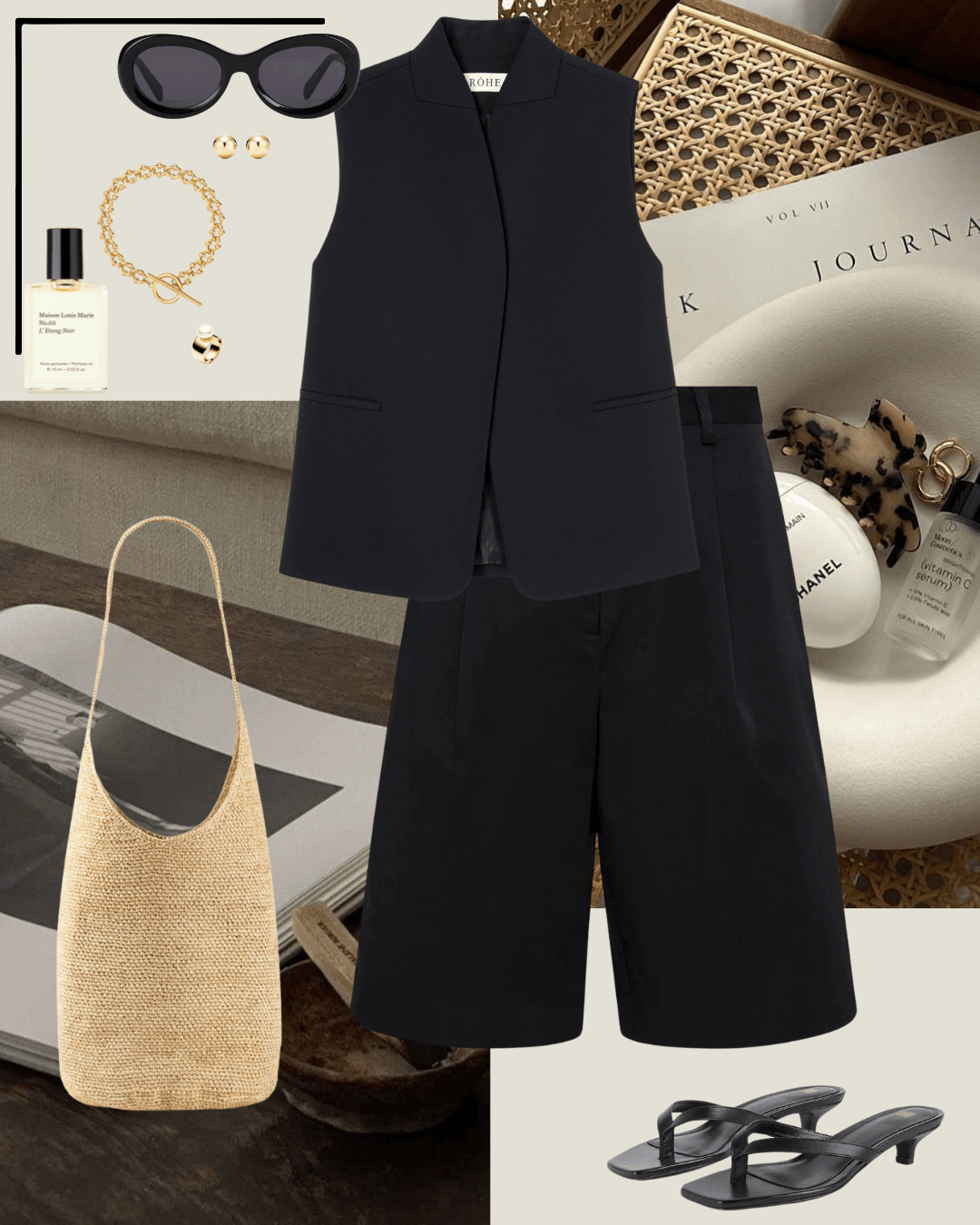 Travel outfits black vest, black tailored shorts, black heeled sandals