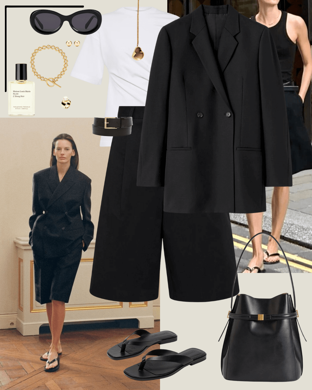 Travel outfits black blazer, white t-shirt, black tailored shorts, black sandals