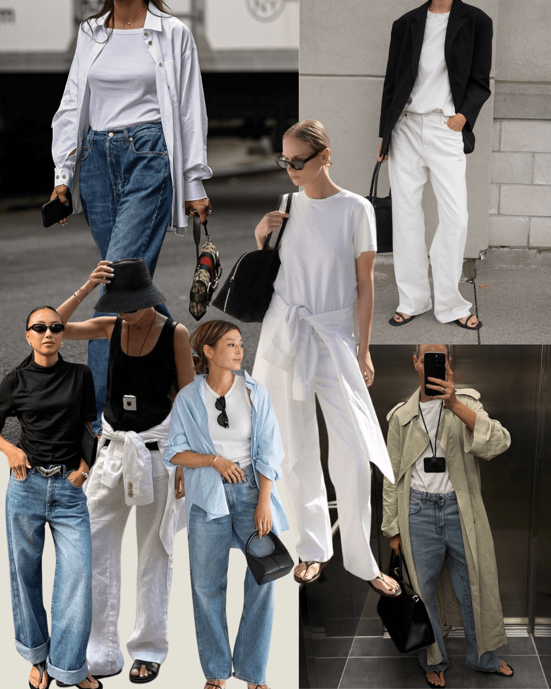 Beige coat, white shirt, black jumper, white jeans