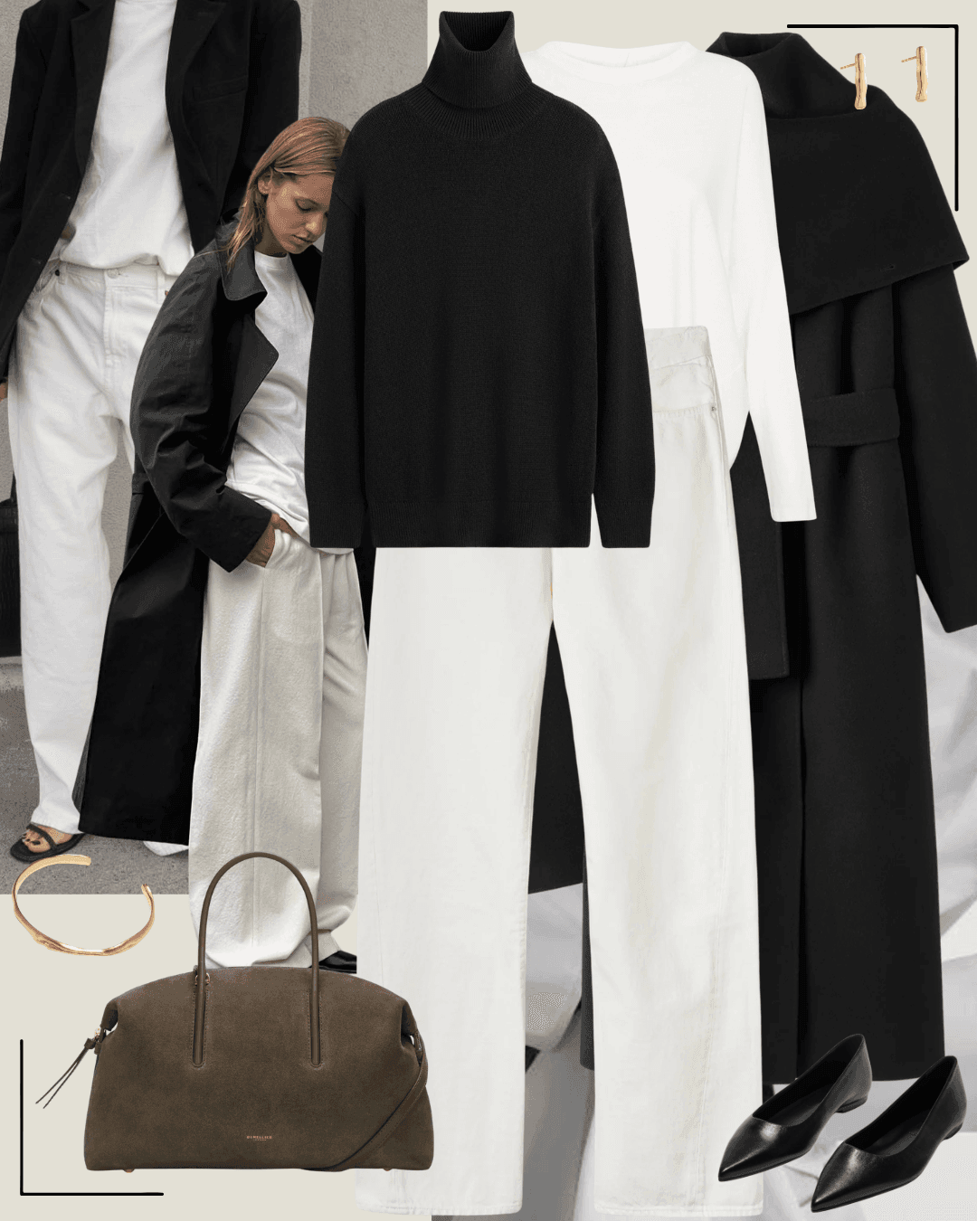 Travel outfits black coat, black jumper, and white jeans