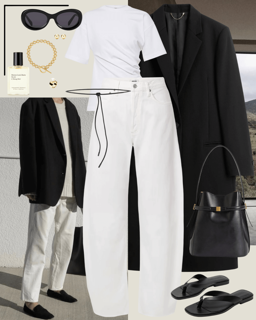 Travel outfit black coat, white t-shirt, white jeans, black sandals