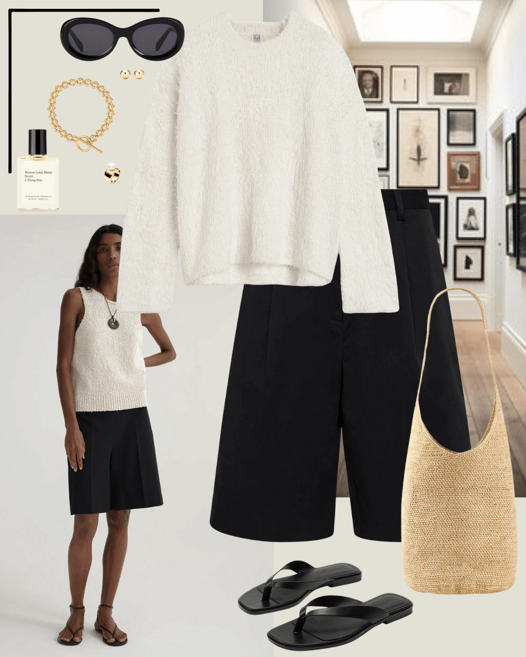 Travel outfits cream jumper, black tailred shorts, black sandals