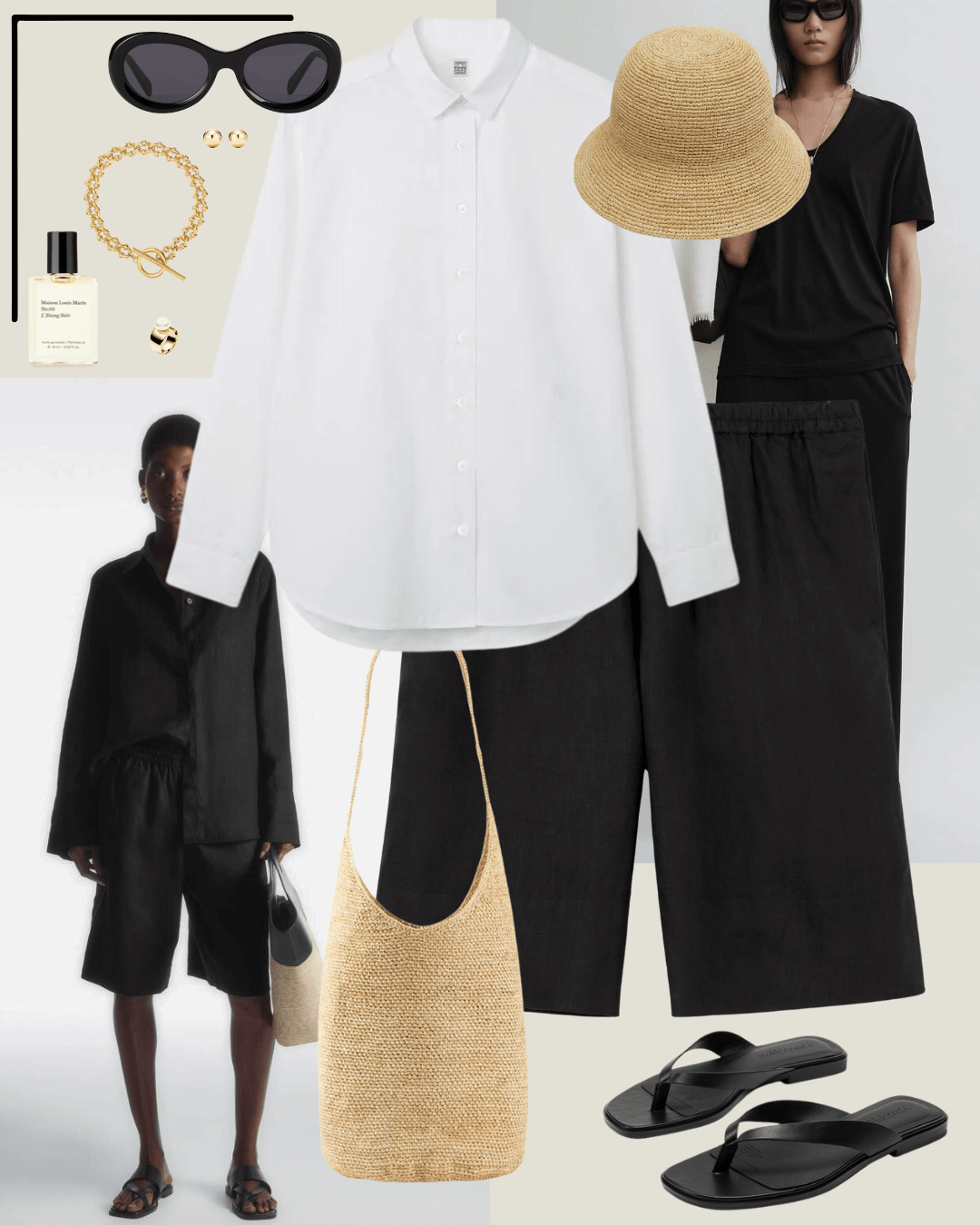 Travel outfits white shirt, black linen shorts, black sandals