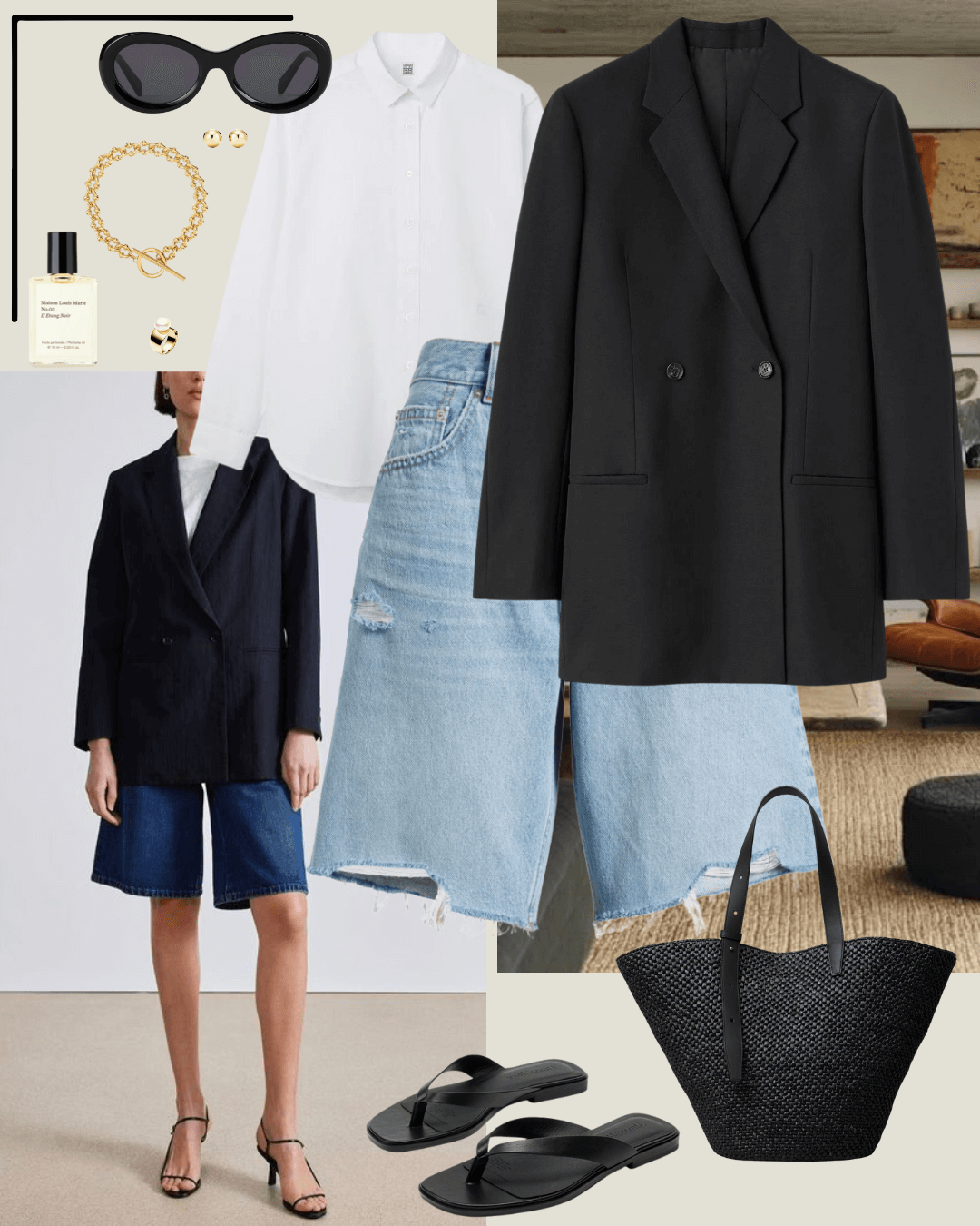 Travel outfits white shirt, black blazer, denim shorts, black sandals