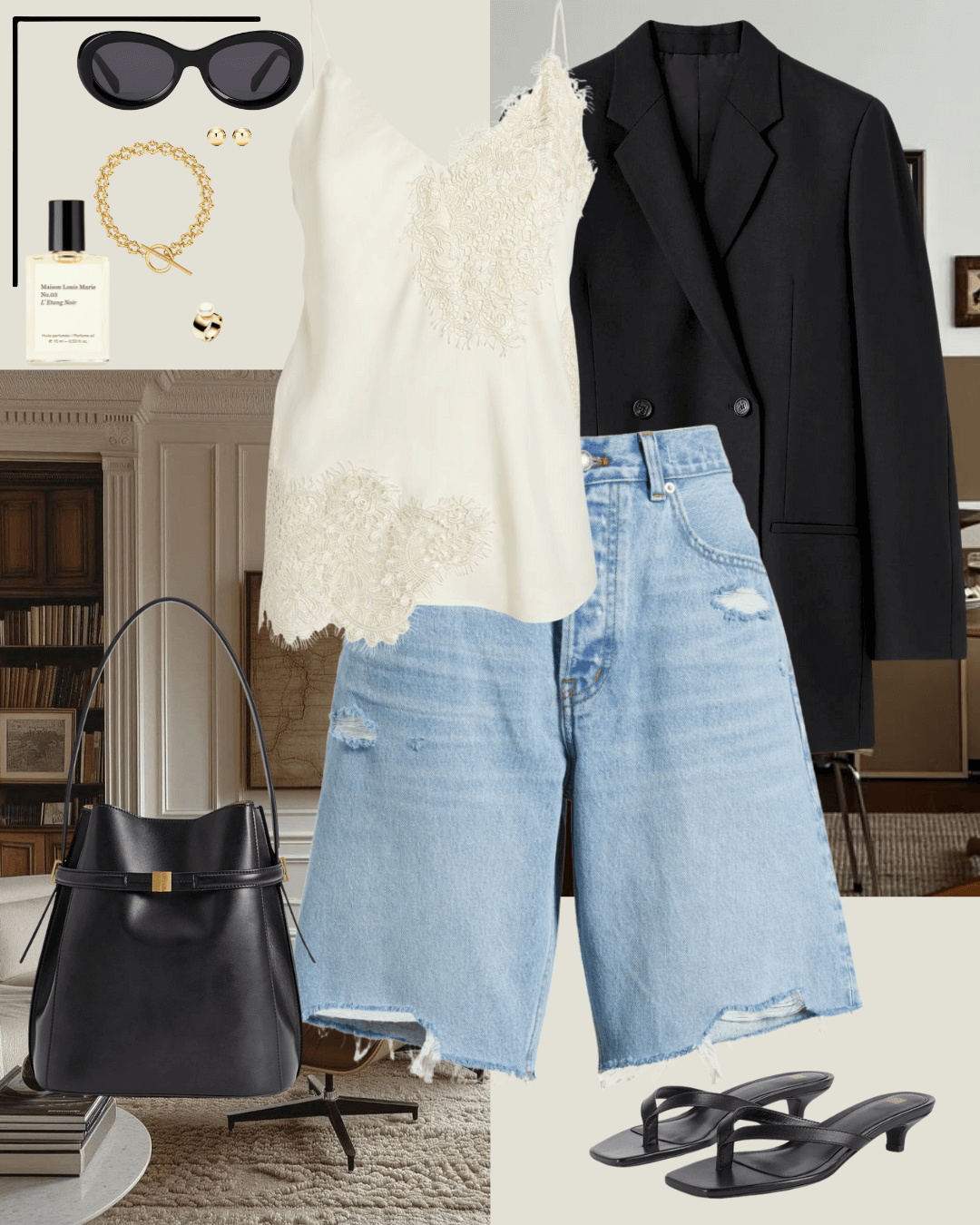 Travel outfits black blazer, silk lace camisole, denim shorts, black heeled sandals