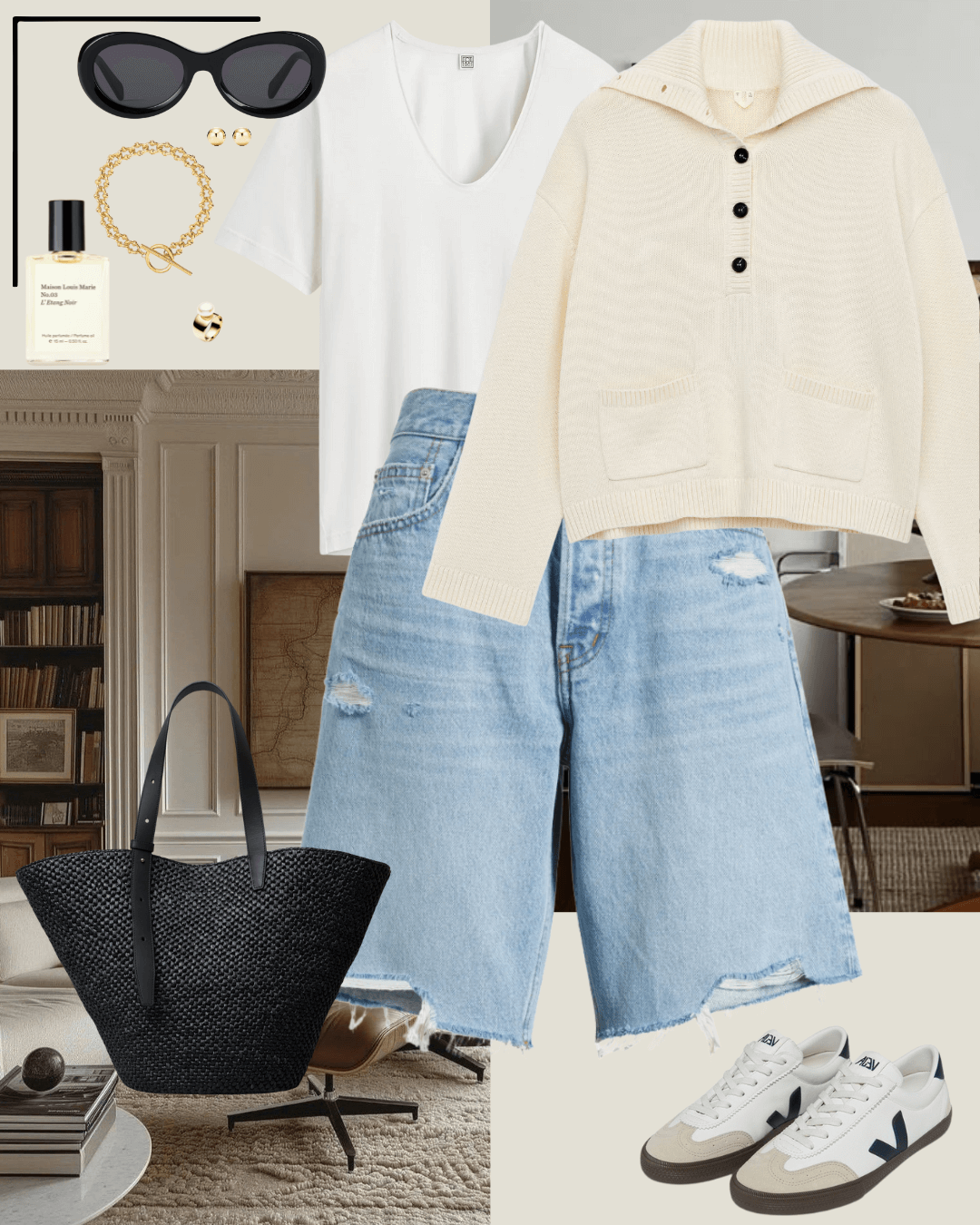 Travel outfits cream jumper, white t-shirt, denim shorts, sneakers