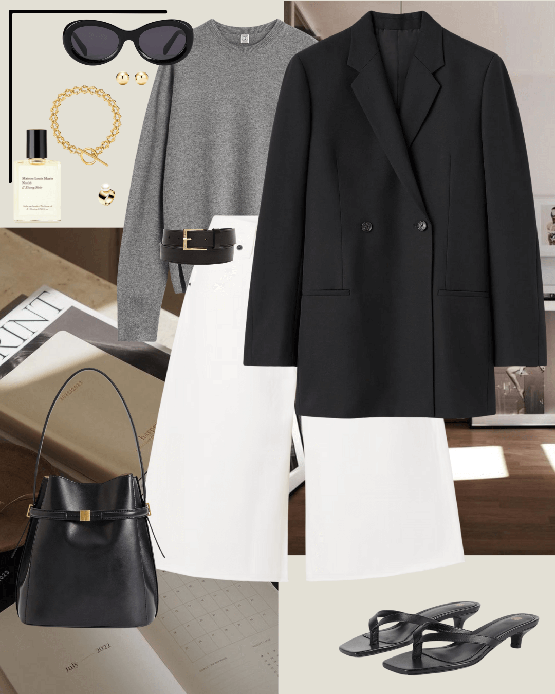 Travel outfits black blazer, grey jumper, white denim shorts, heeld black sandals