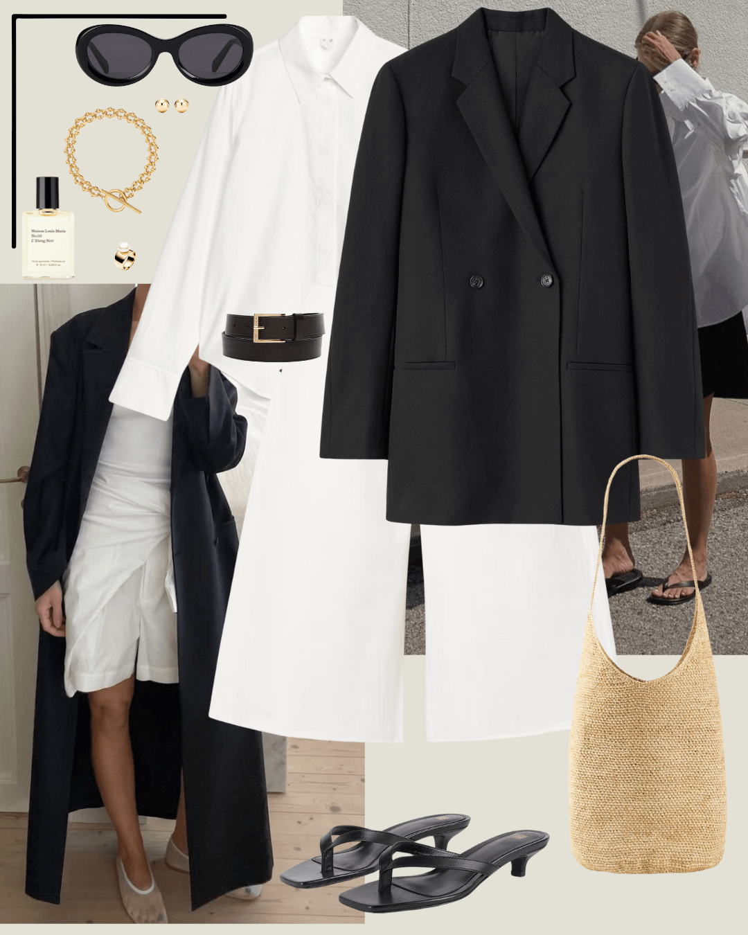 Travel outfits black blazer, white shirt, white denim shorts, black heeled sandals