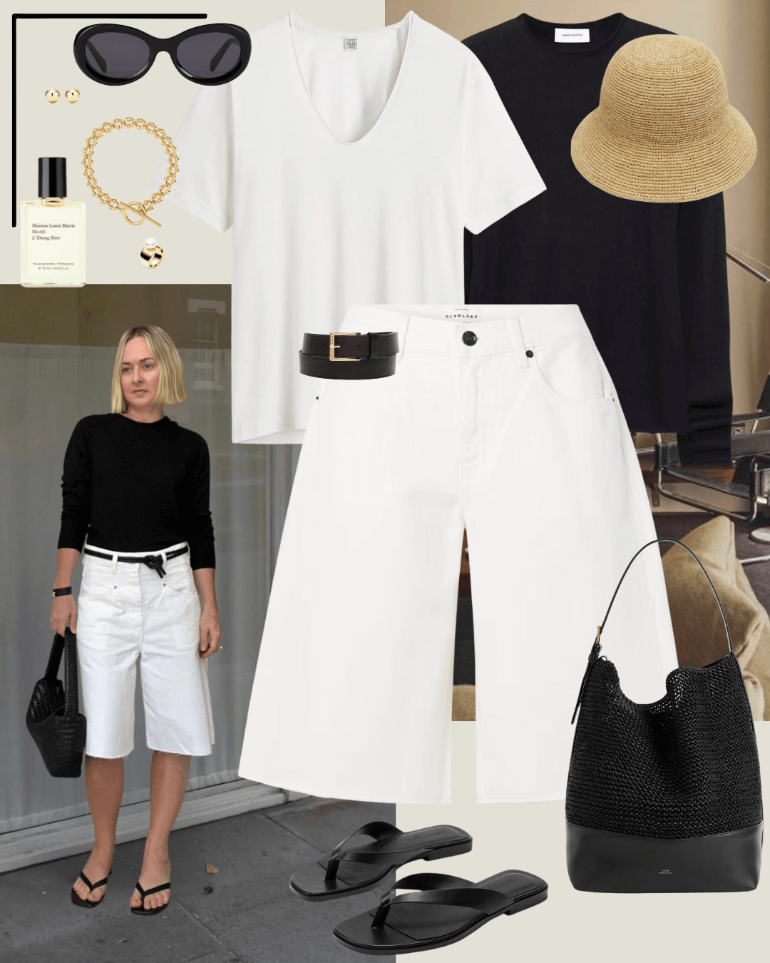 Travel outfits black jumper, white t-shirt, white denim shorts, black sandals