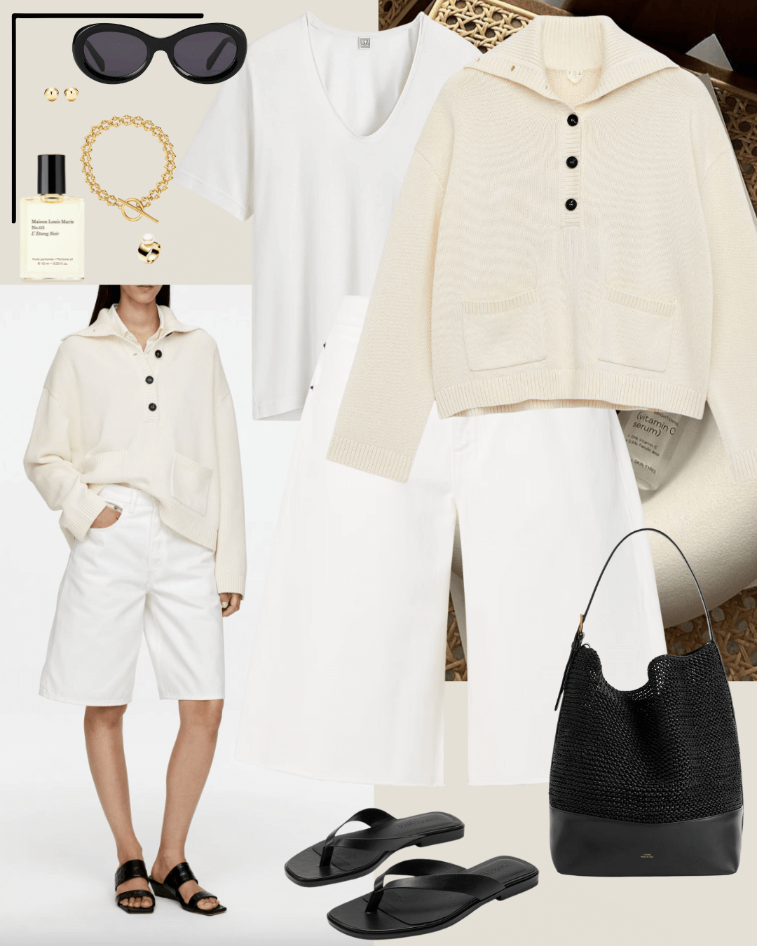 Travel outfits cream jumper, white t-shirt, white denim shorts, black sandals