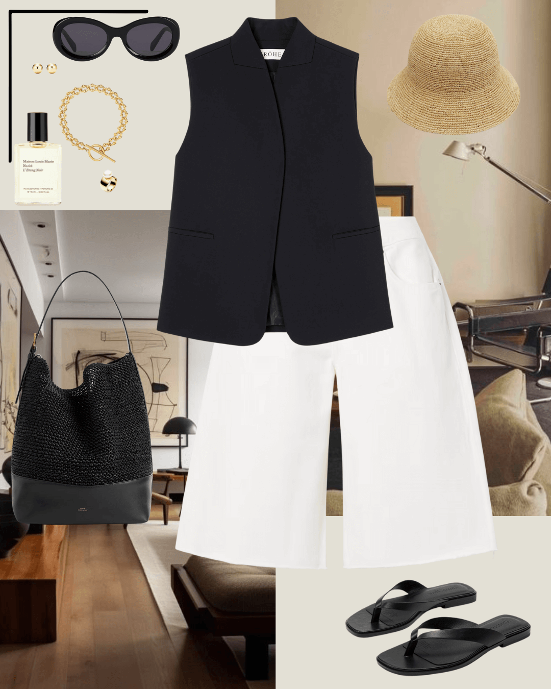 Travel outfits black vest, white denim shorts, black sandals