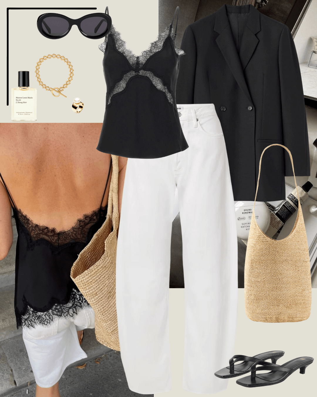 Travel outfits black blazer, silk top, white jeans, black sandals