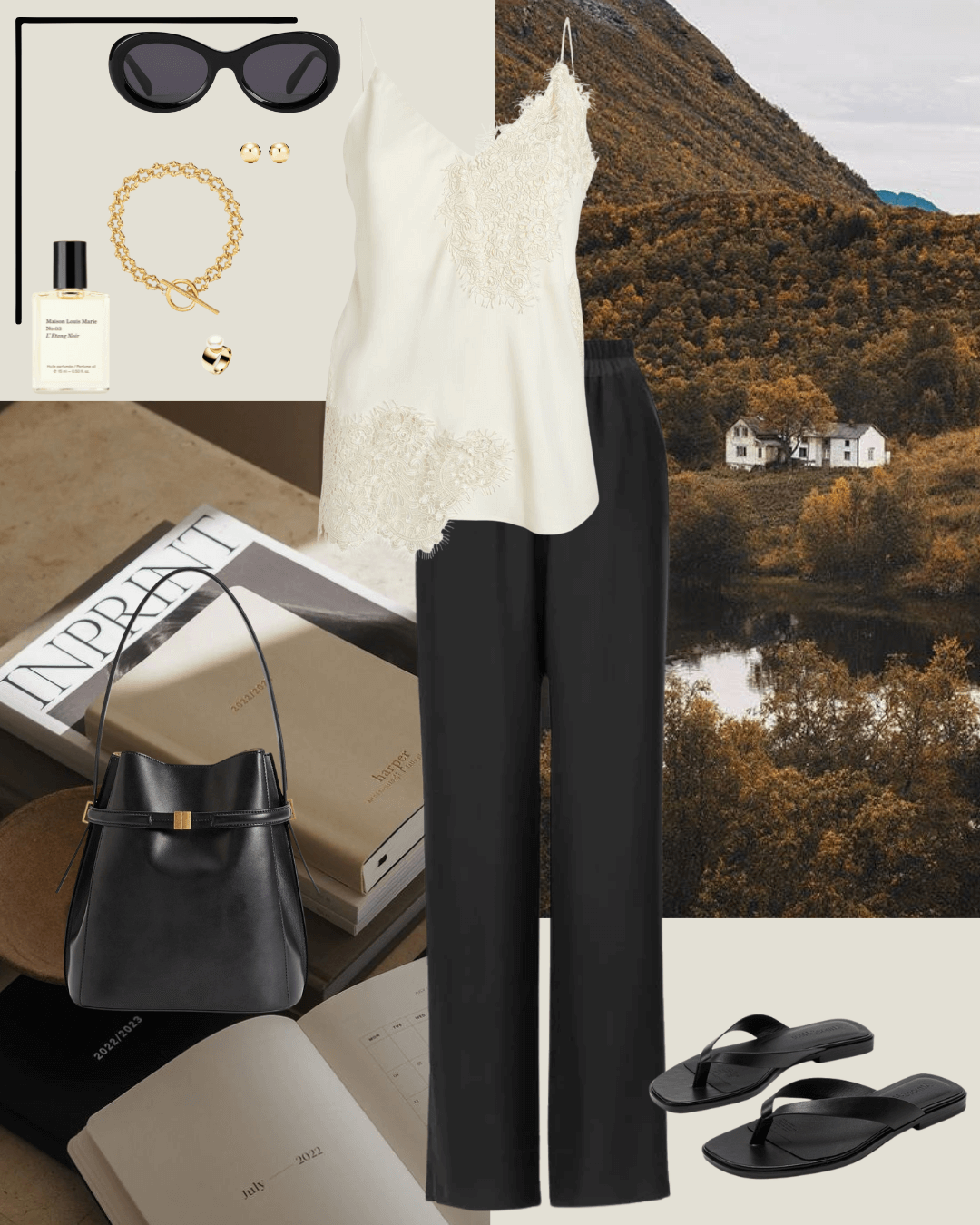 Travel outfits silk lace camisole, black silk pants, black sandals