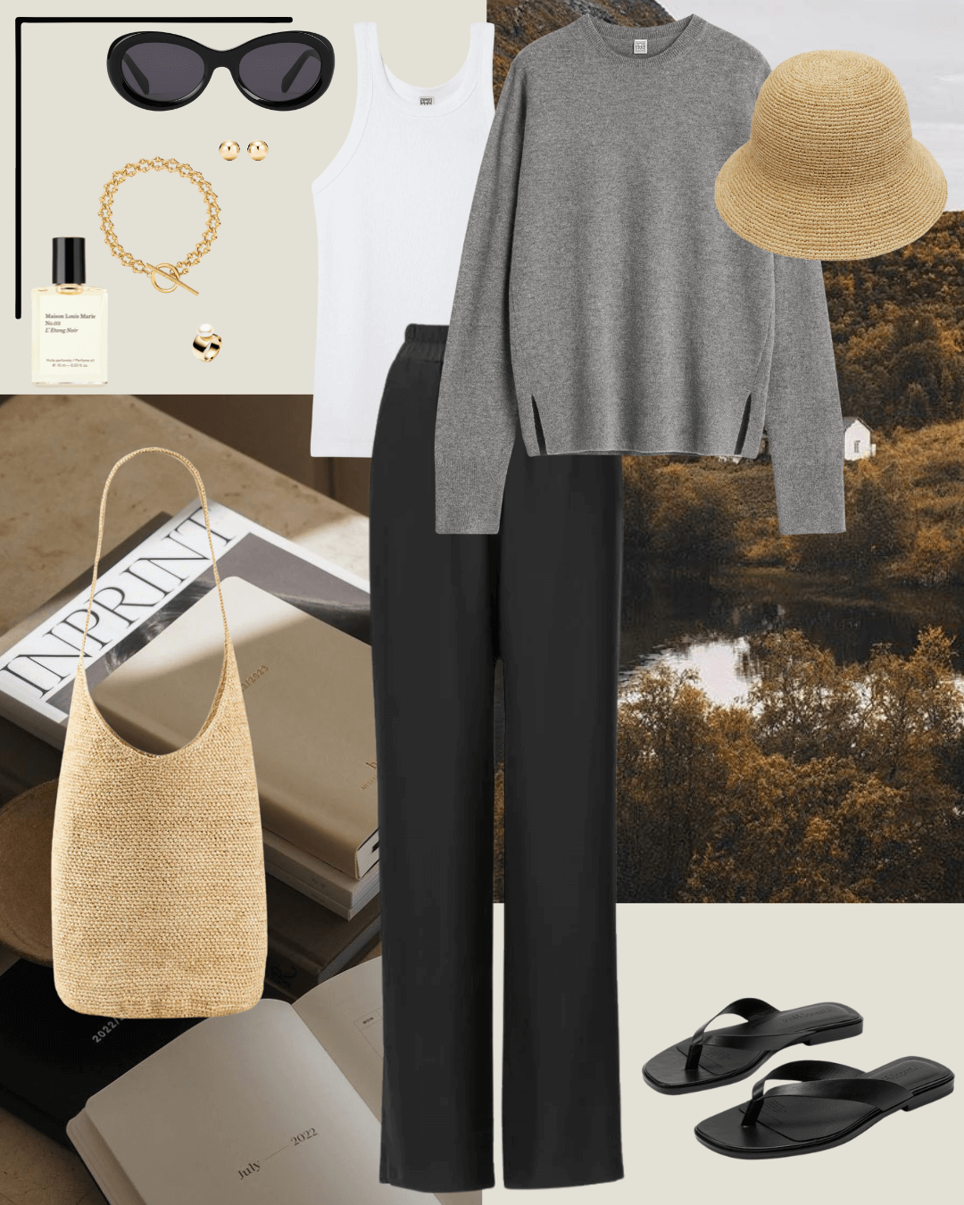 Travel outfits grey jumper, white singlet, black silk pants, black sandals