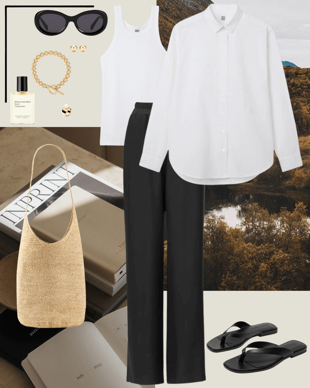 Travel outfits white shirt, white singlet, black silk pants, black sandals