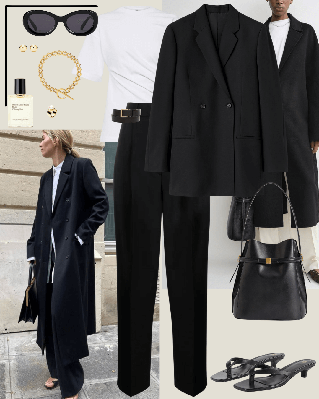 Travel outfits black blazer, white t-shirt, black tailored pants, black heeled sandals