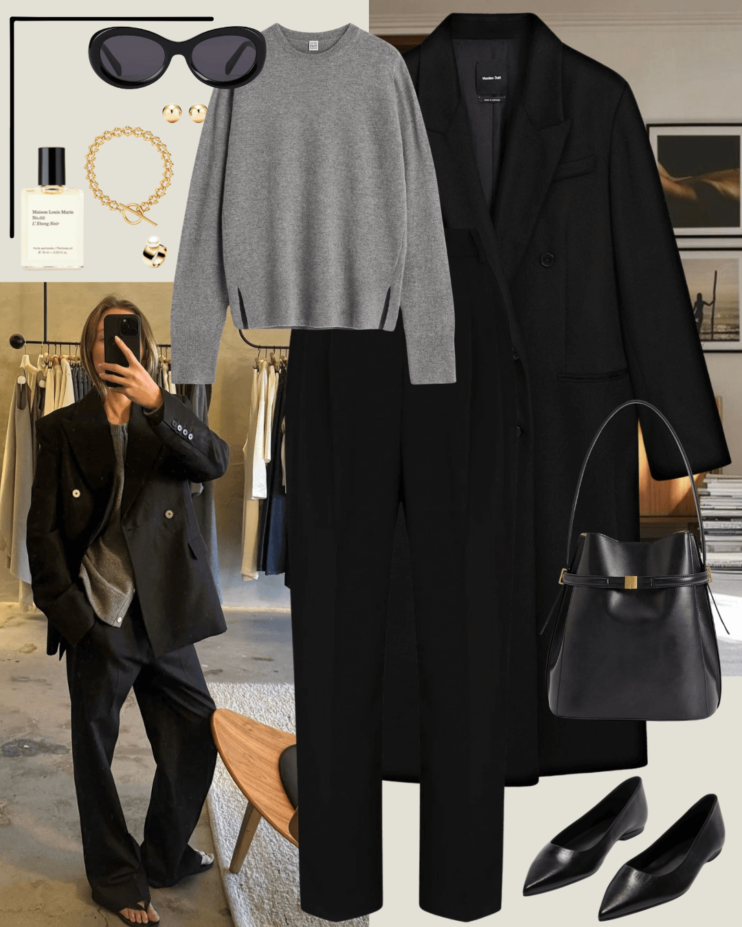 Travel outfits grey jumper, black coat, black tailored pants, black flats