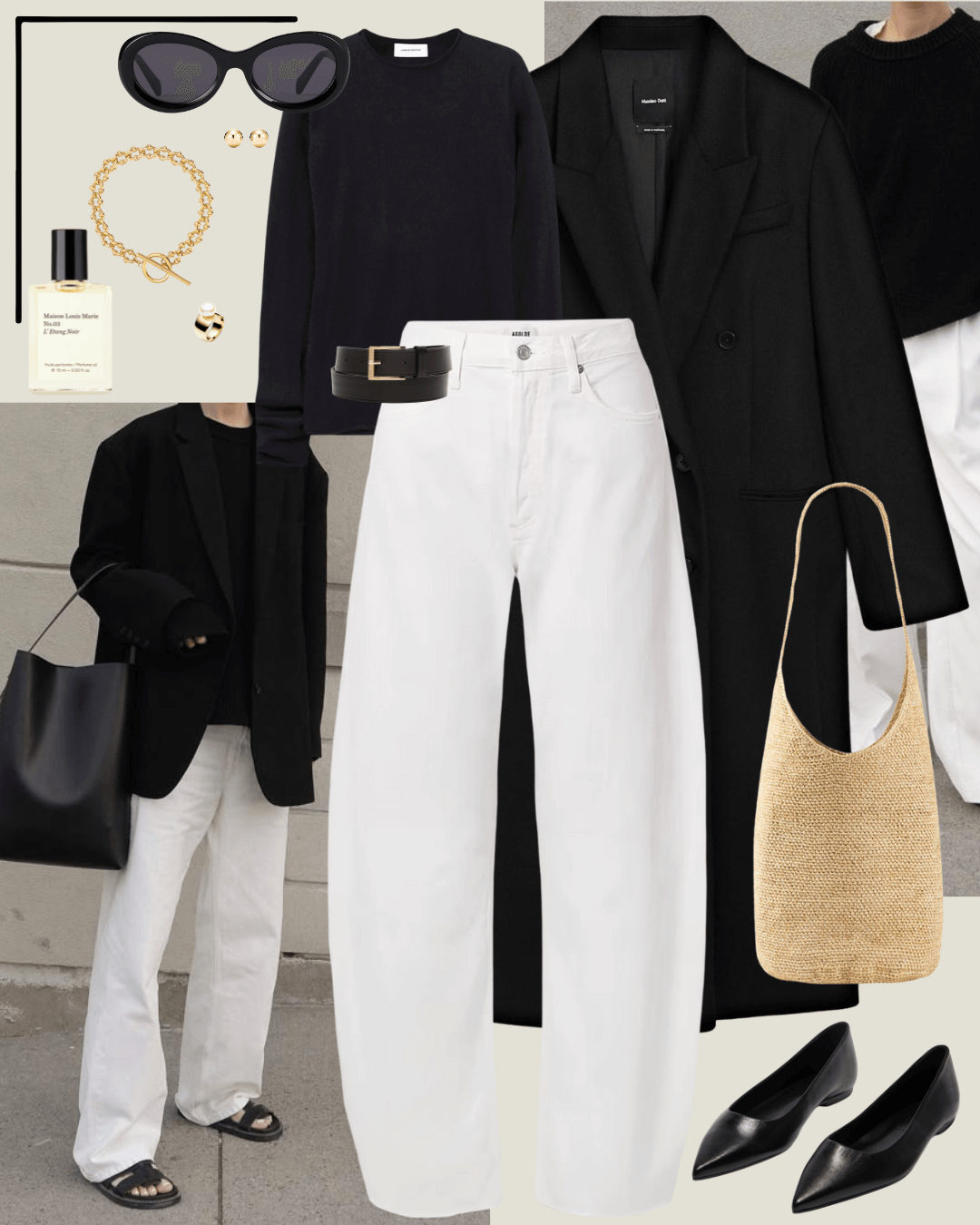 Travel outfits black coat, black jumper, white jeans, black flats