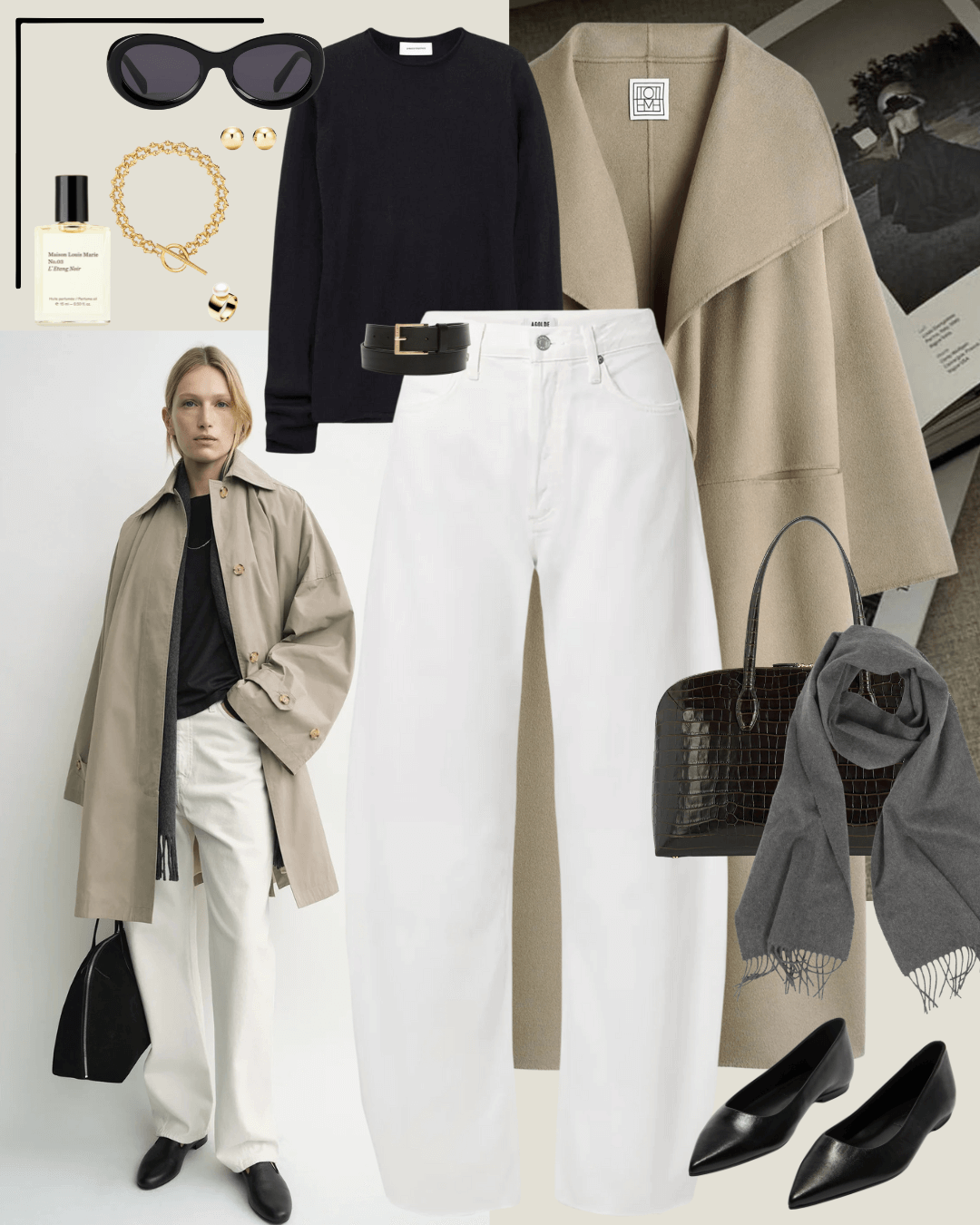 Travel outfits beige coat, black jumper, white jeans, black flats