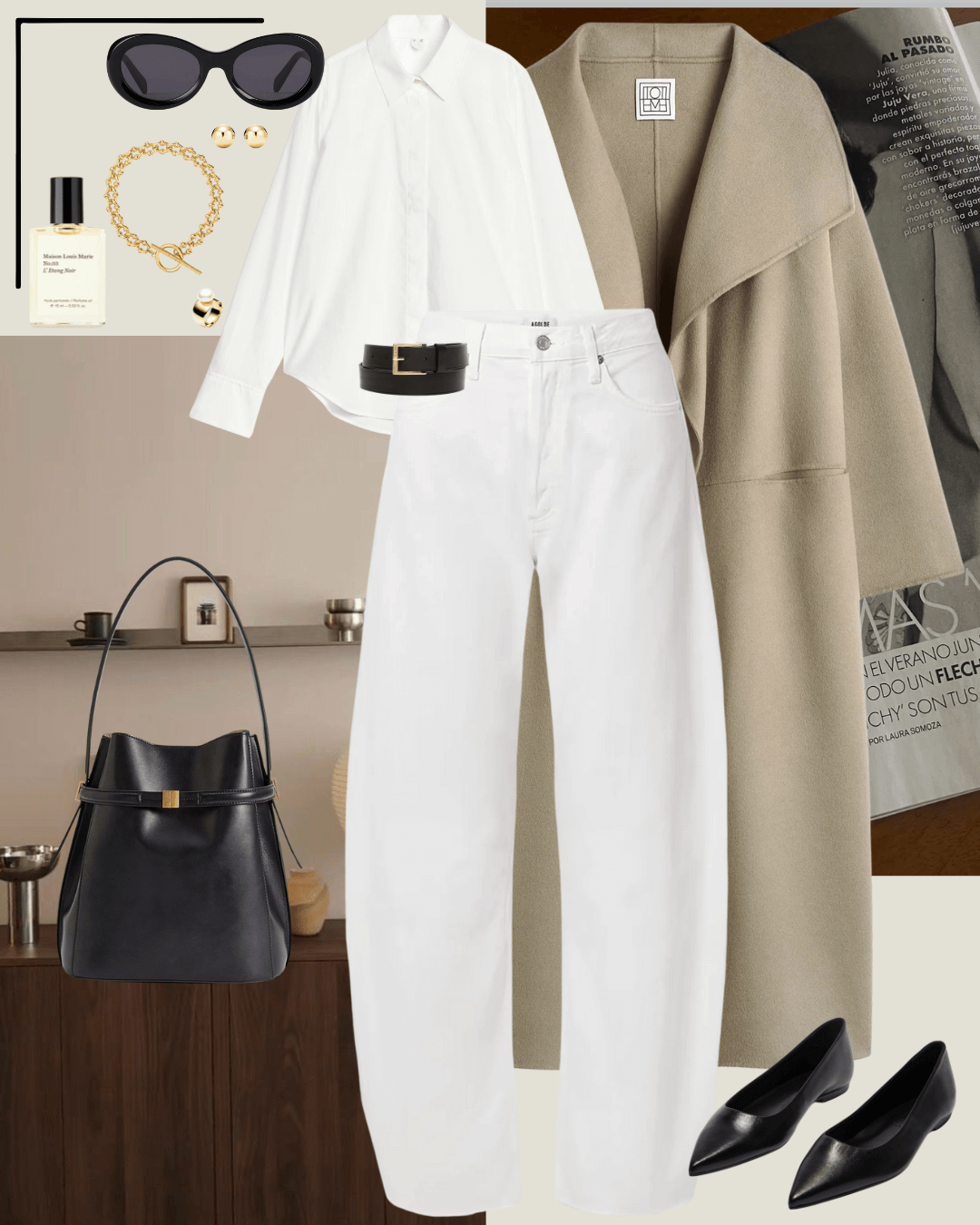 Travel outfits beige coat, white shirt, white jeans, black flats