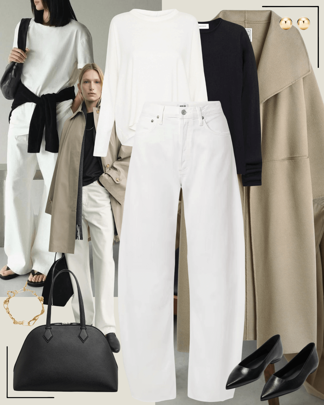 Beige coat, white shirt, black jumper, white jeans