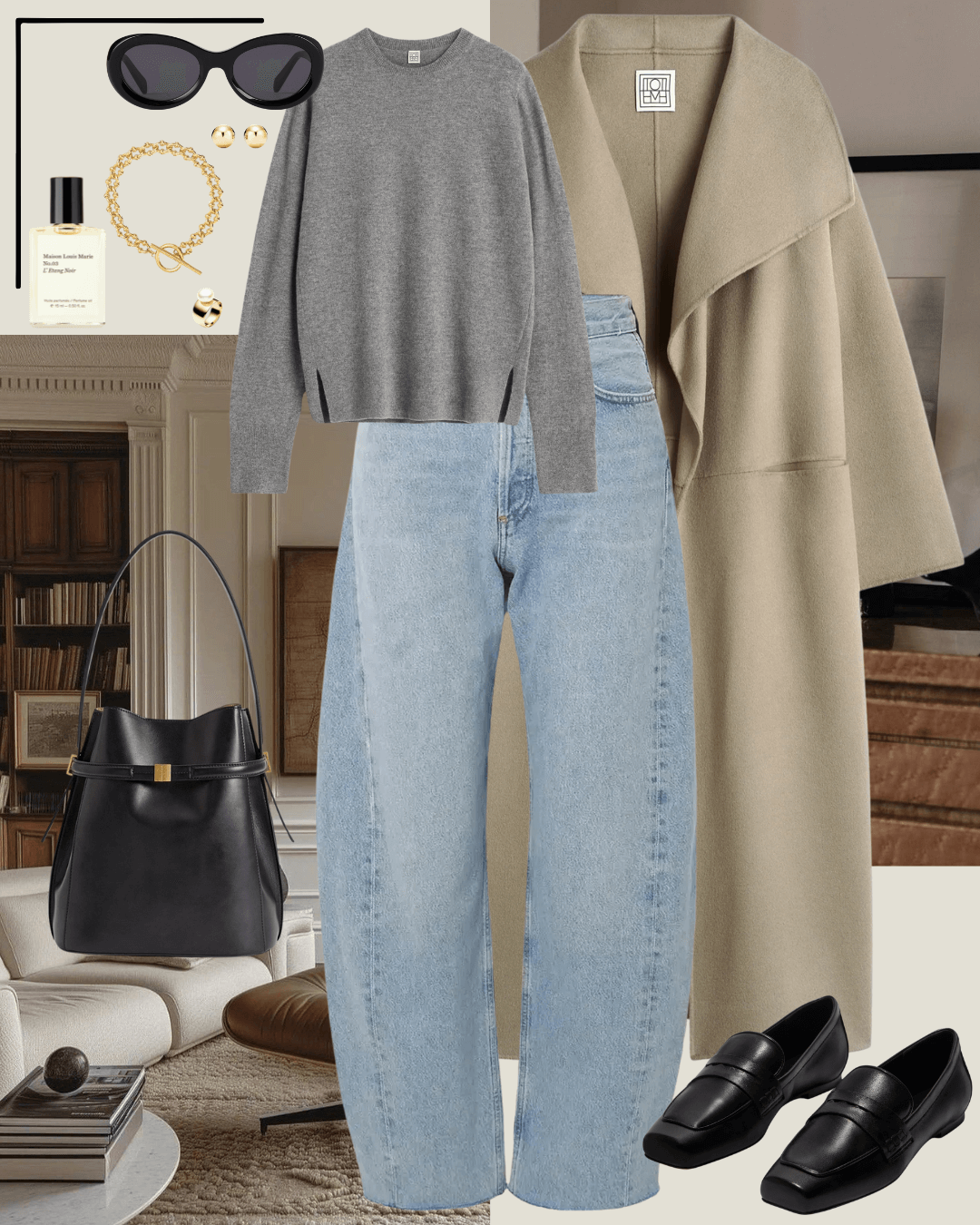 Travel outfits beige coat, grey jumper, blue jeans, black loafers