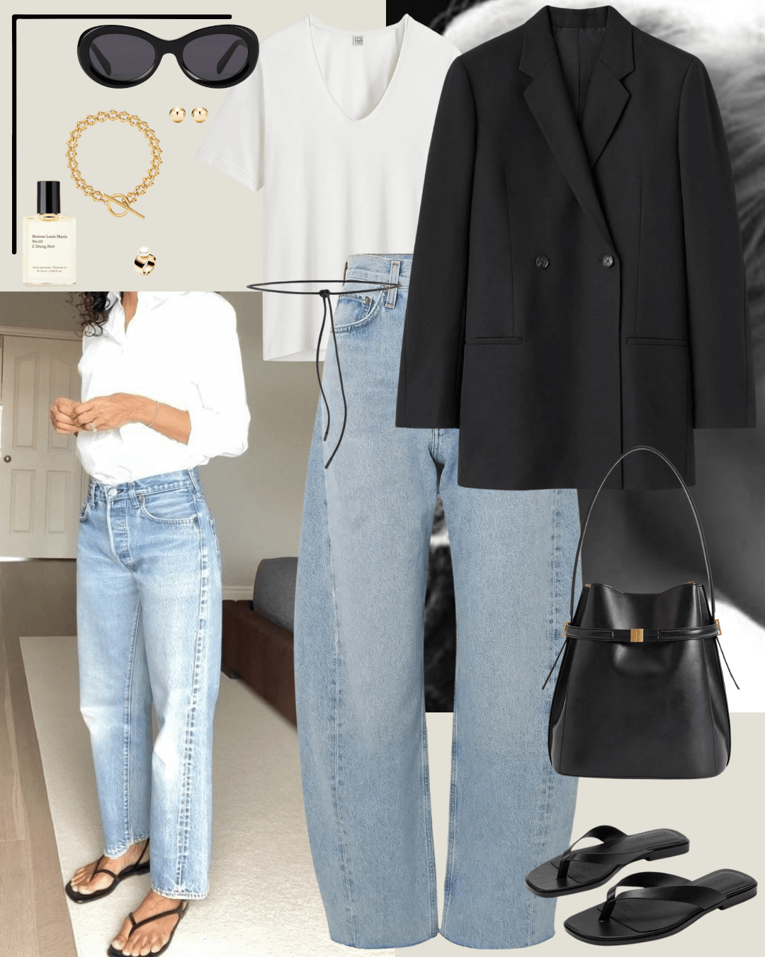 Travel outfits white t-shirt, black blazer, jeans, black sandals
