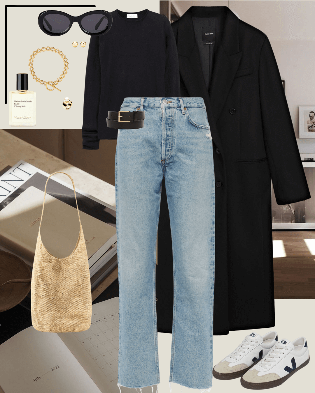 Travel outfits black coat, black jumper, jeans, sneakers