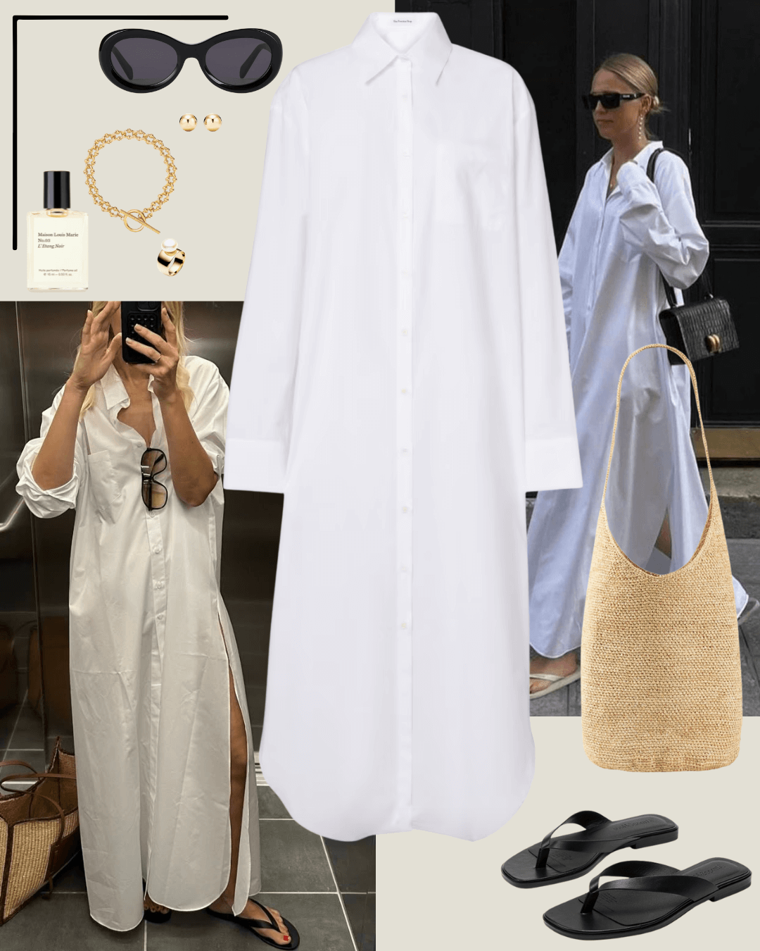 Travel outfits white shirt dress, black sandals