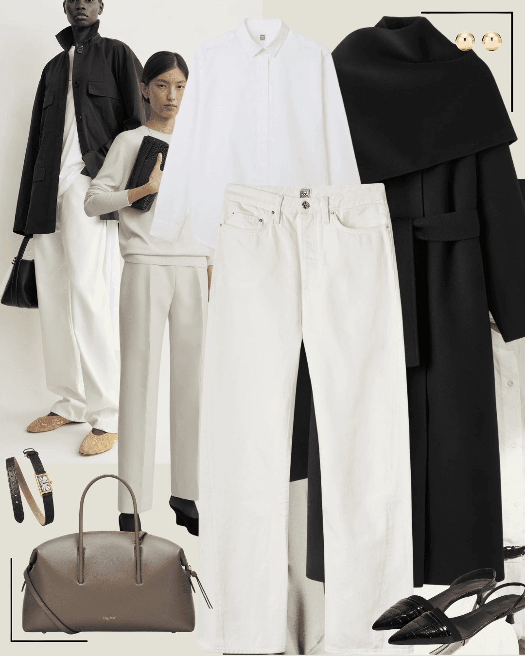 Black coat with white shirt and white jeans and black heels