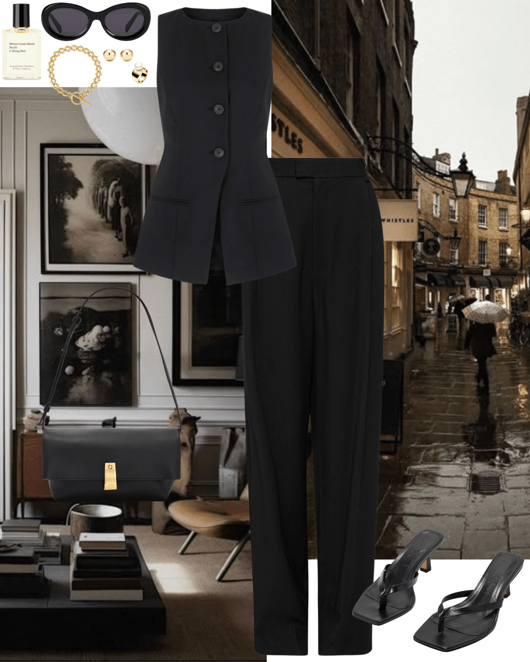 Black vest with black pants and heeled sandals