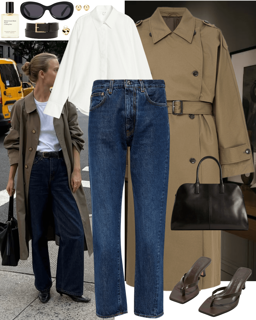 Olive trench coat with white shirt, dark jeans and brown heeled sandals