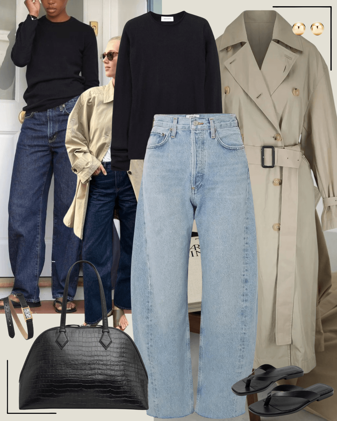 Olive trench coat, grey jumper with dark jeans and black heels