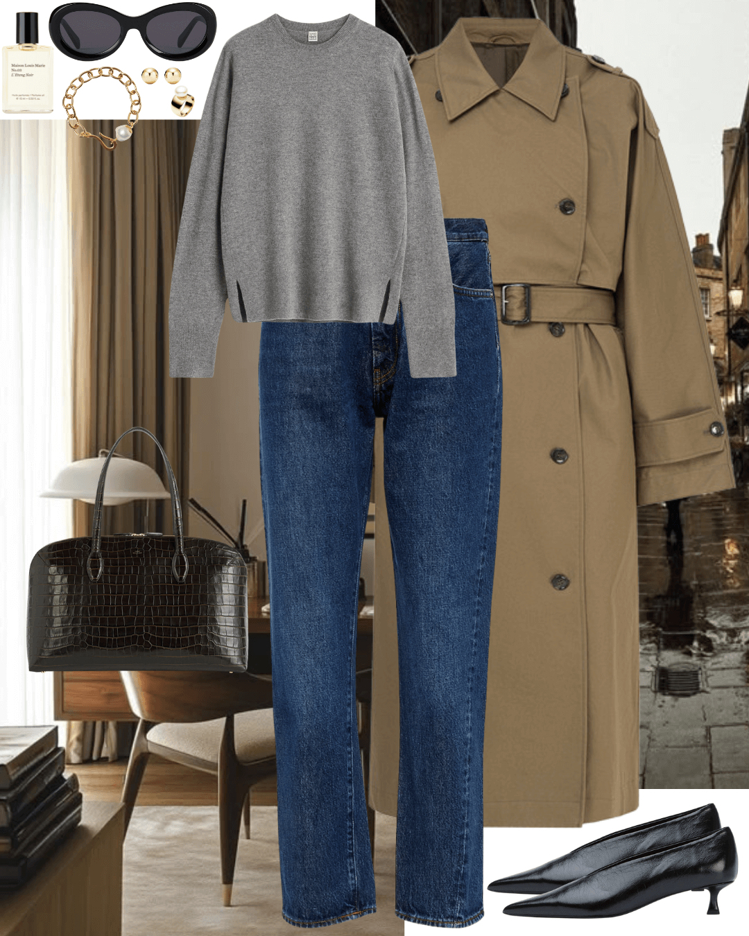 Olive trench coat, grey jumper with dark jeans and black heels