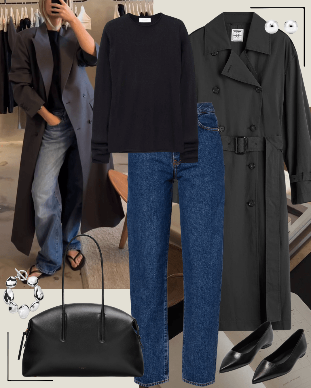 Black coat with white shirt, dark jeans and brown heels