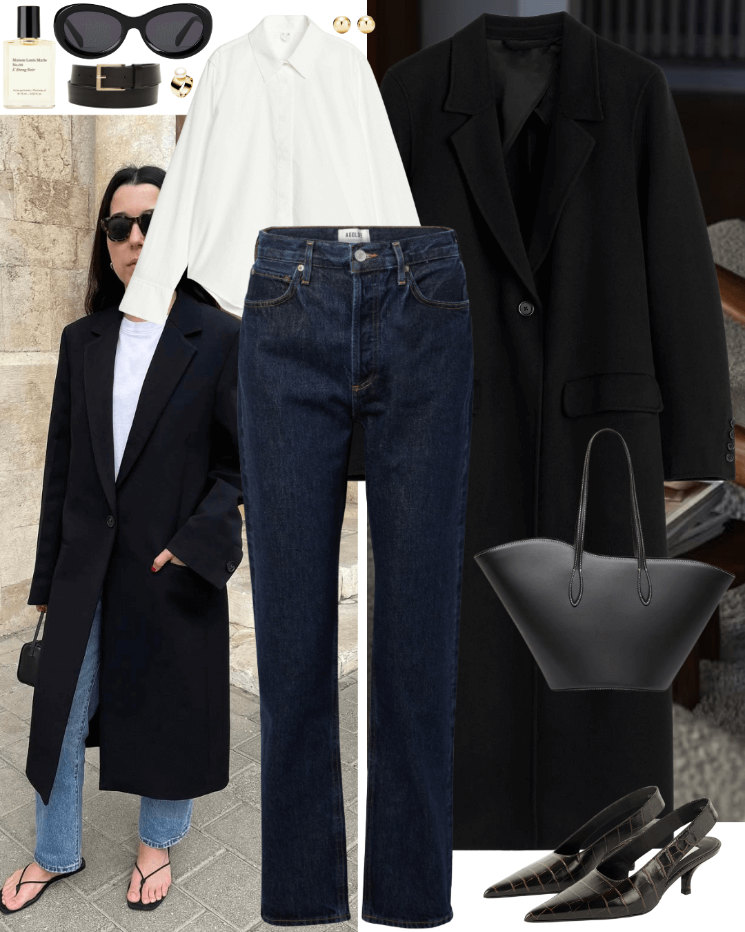 Black coat with white shirt, dark jeans and brown heels